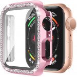 Wholesale Crystal Diamond Rhinestone Case with Built In Tempered Glass Screen Protector for Apple Watch Series 6/5/4/SE [44mm] (Rose Pink)